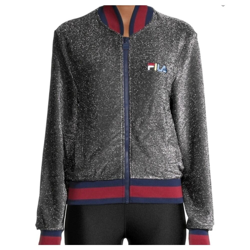Fila Barneys New York Bomber Jacket Silver Black Red Full Zip Varsity Size M